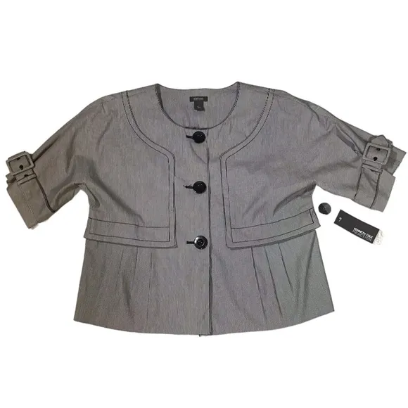 Kenneth Cole Womens Cropped Blazer Size 8 Button Dolman Sleeve Pleated Pinstripe