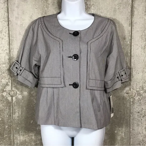 Kenneth Cole Womens Cropped Blazer Size 8 Button Dolman Sleeve Pleated Pinstripe