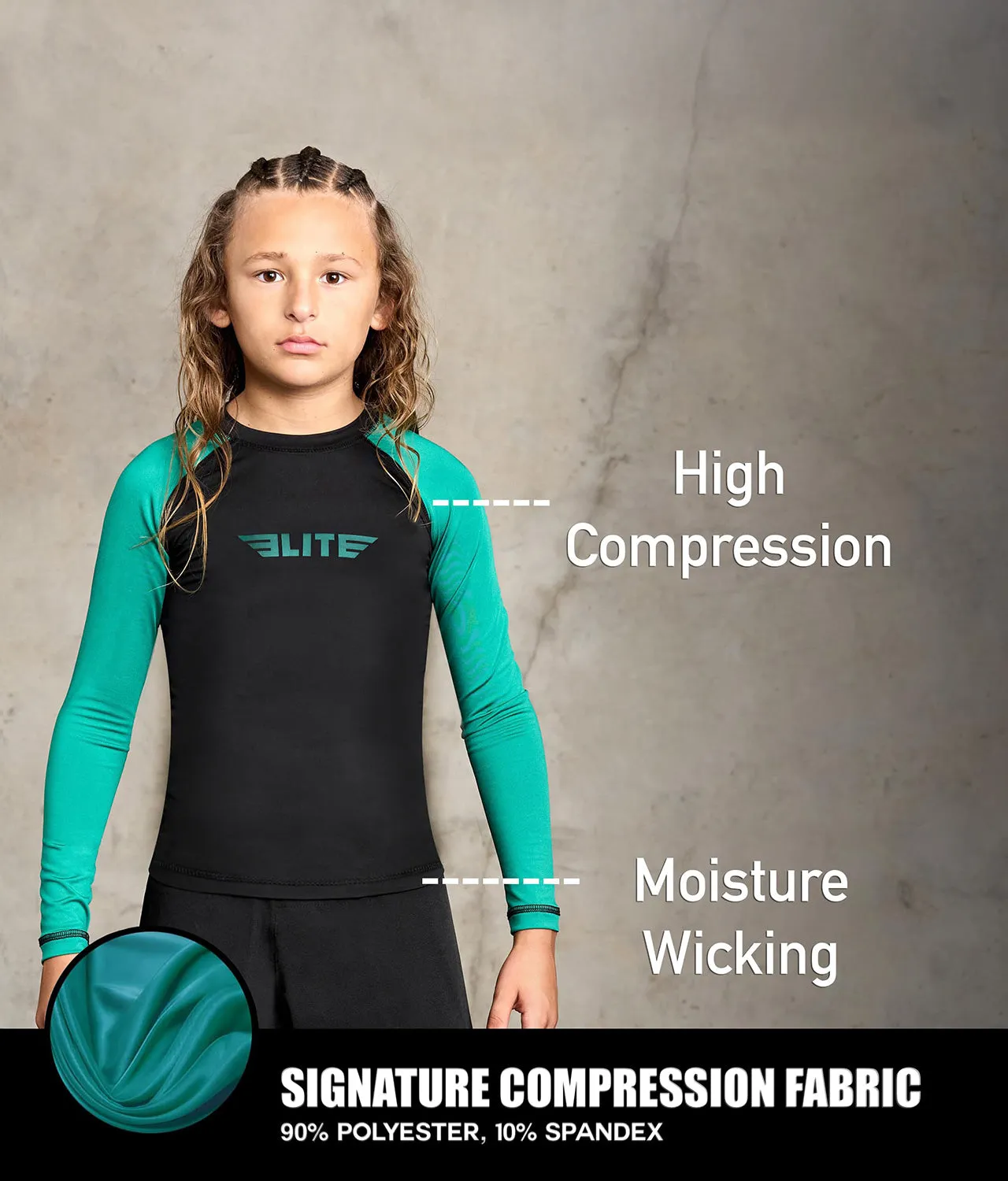 Kids' Standard Green Long Sleeve MMA Rash Guard