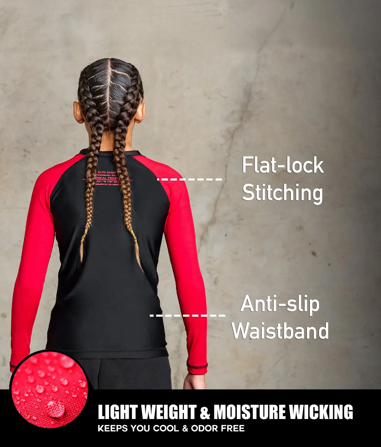 Kids' Standard Red Long Sleeve No-Gi BJJ Rash Guard