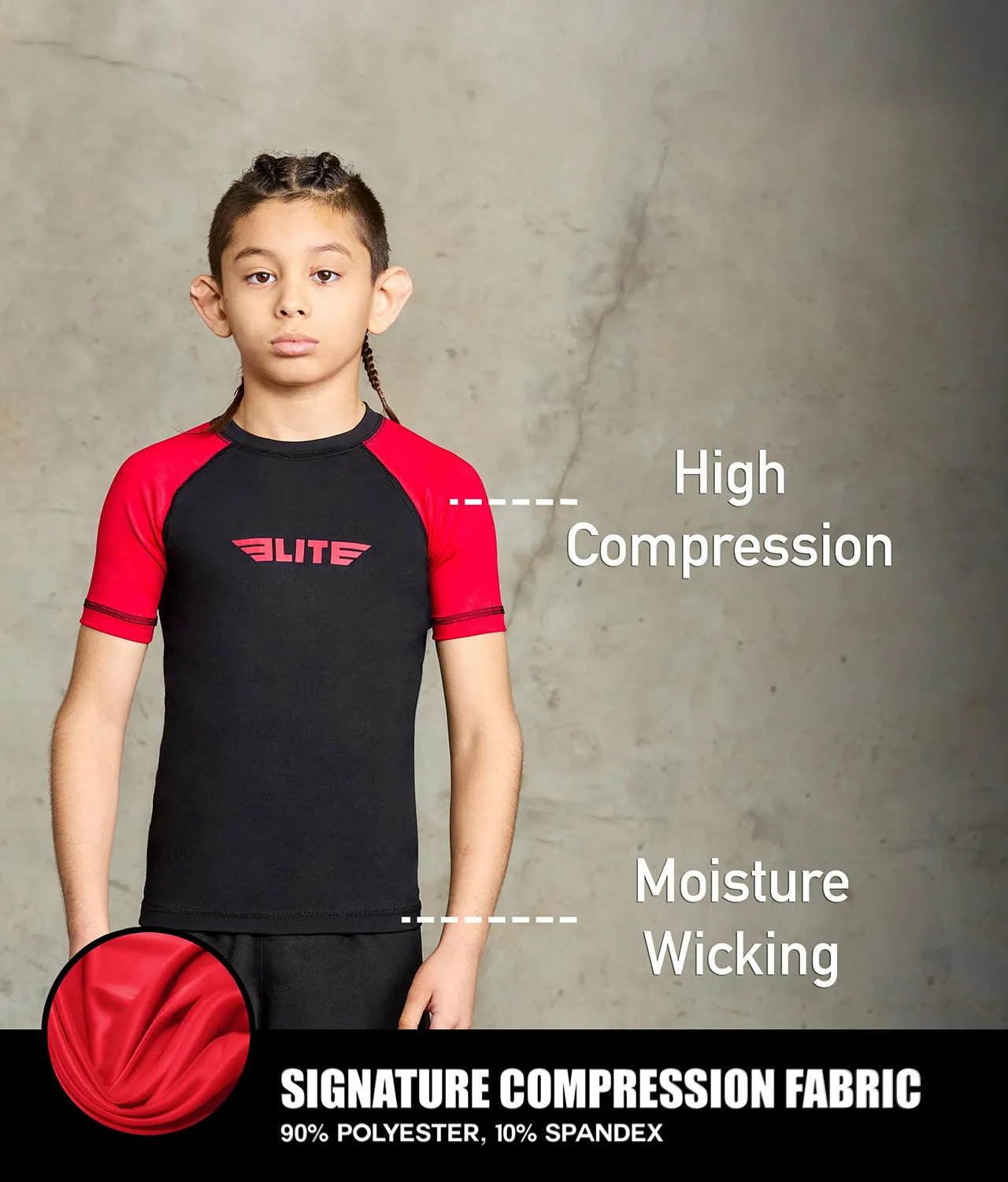 Kids' Standard Red Short Sleeve No-Gi BJJ Rash Guard
