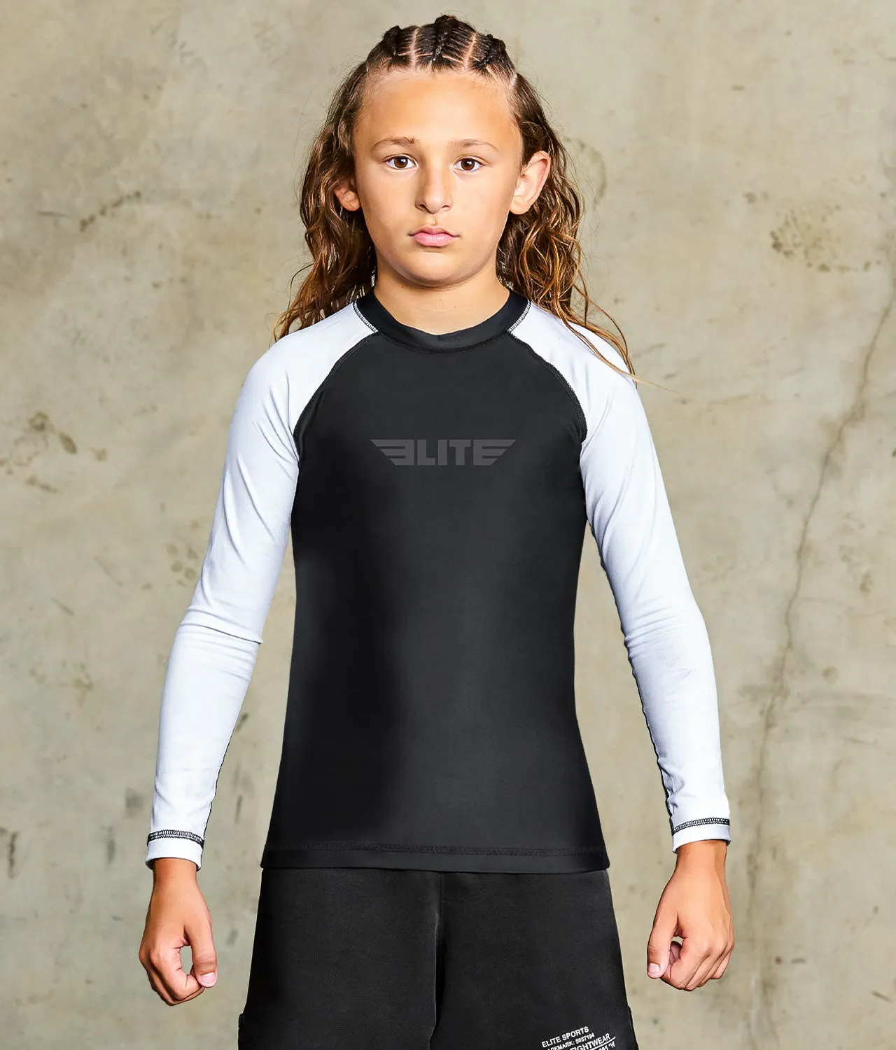 Kids' Standard White Long Sleeve Wrestling Rash Guard