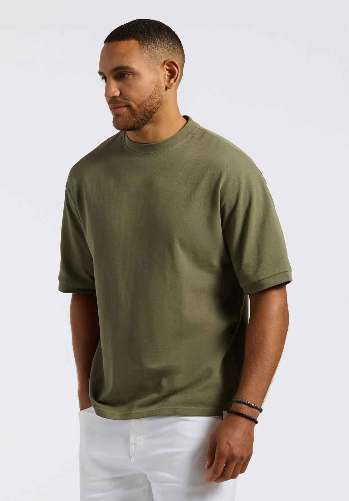 Kinsley Men's Piqué Crew Neck Relaxed T-Shirt, Army Green - BM24609