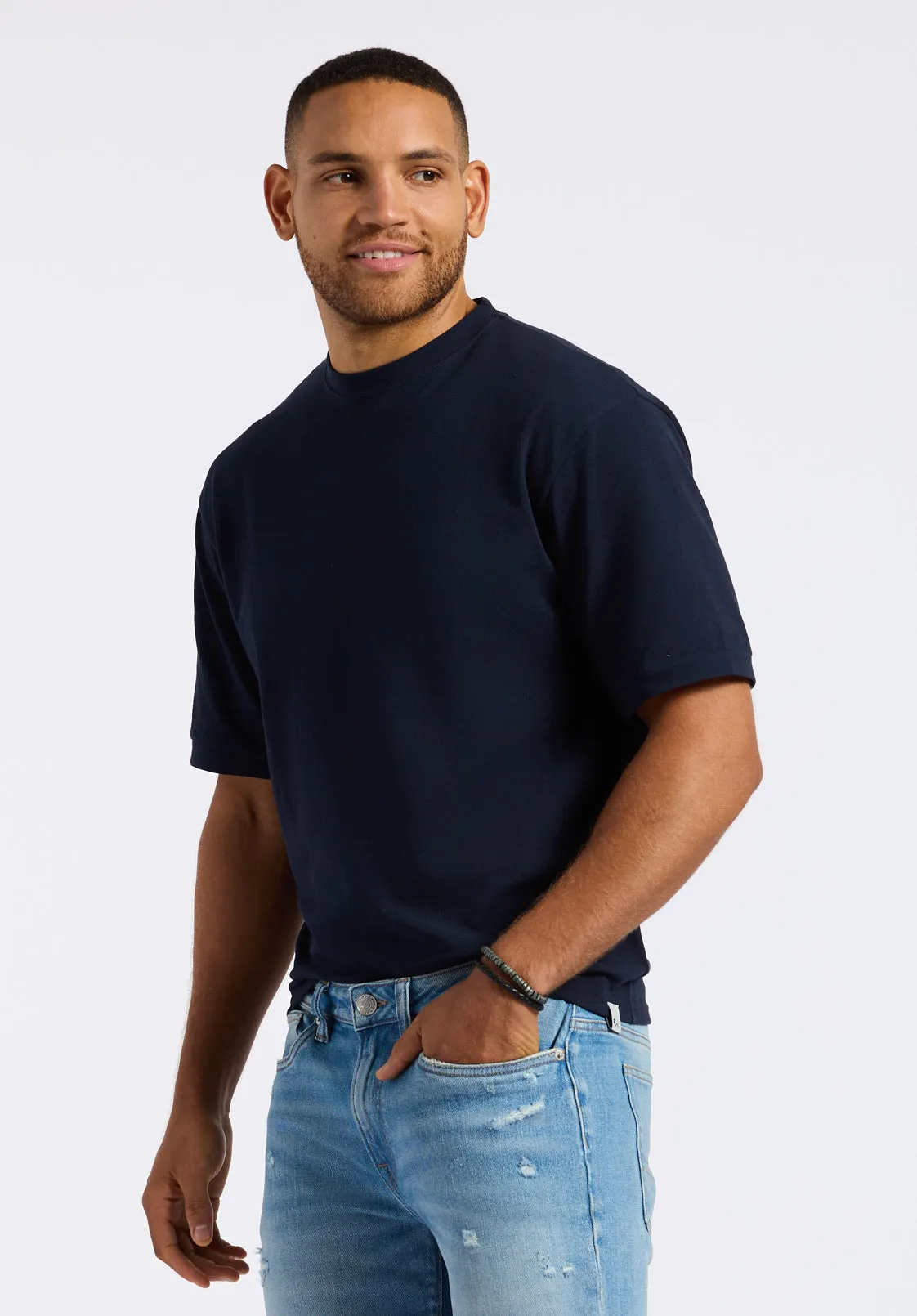 Kinsley Men's Piqué Crew Neck Relaxed T-Shirt, Midnight Blue - BM24609