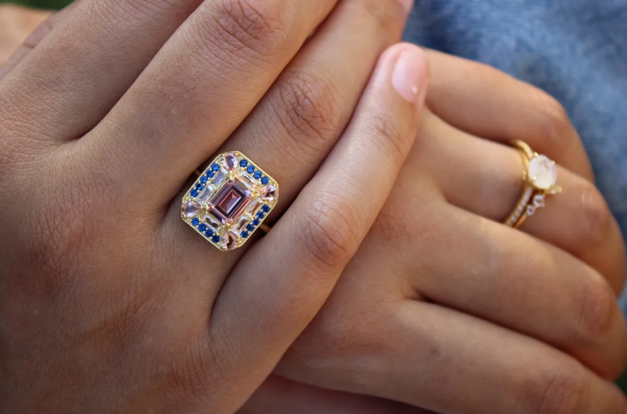 Lab Sapphire Morganite Art Deco Cocktail Ring