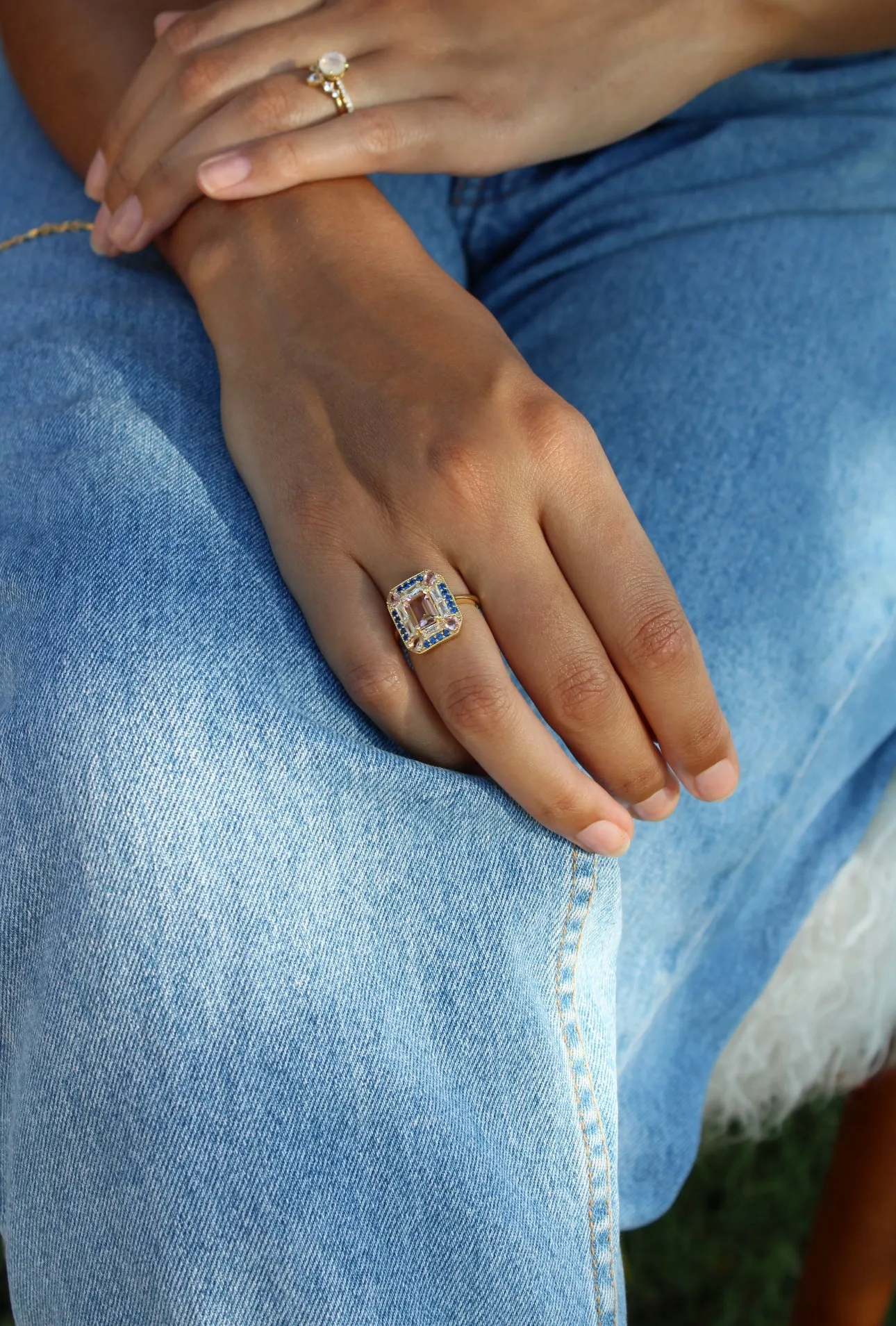 Lab Sapphire Morganite Art Deco Cocktail Ring