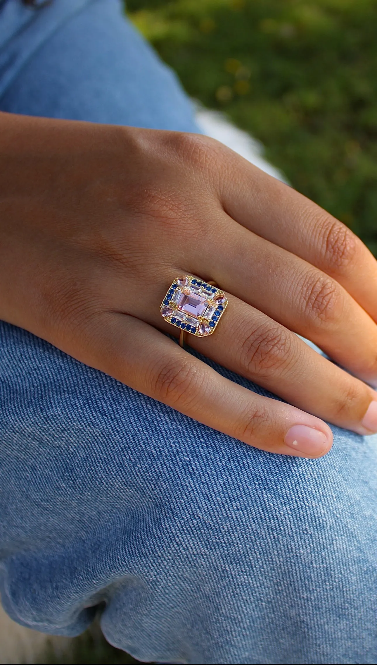 Lab Sapphire Morganite Art Deco Cocktail Ring