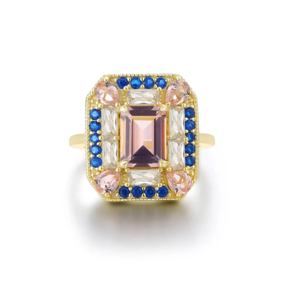 Lab Sapphire Morganite Art Deco Cocktail Ring