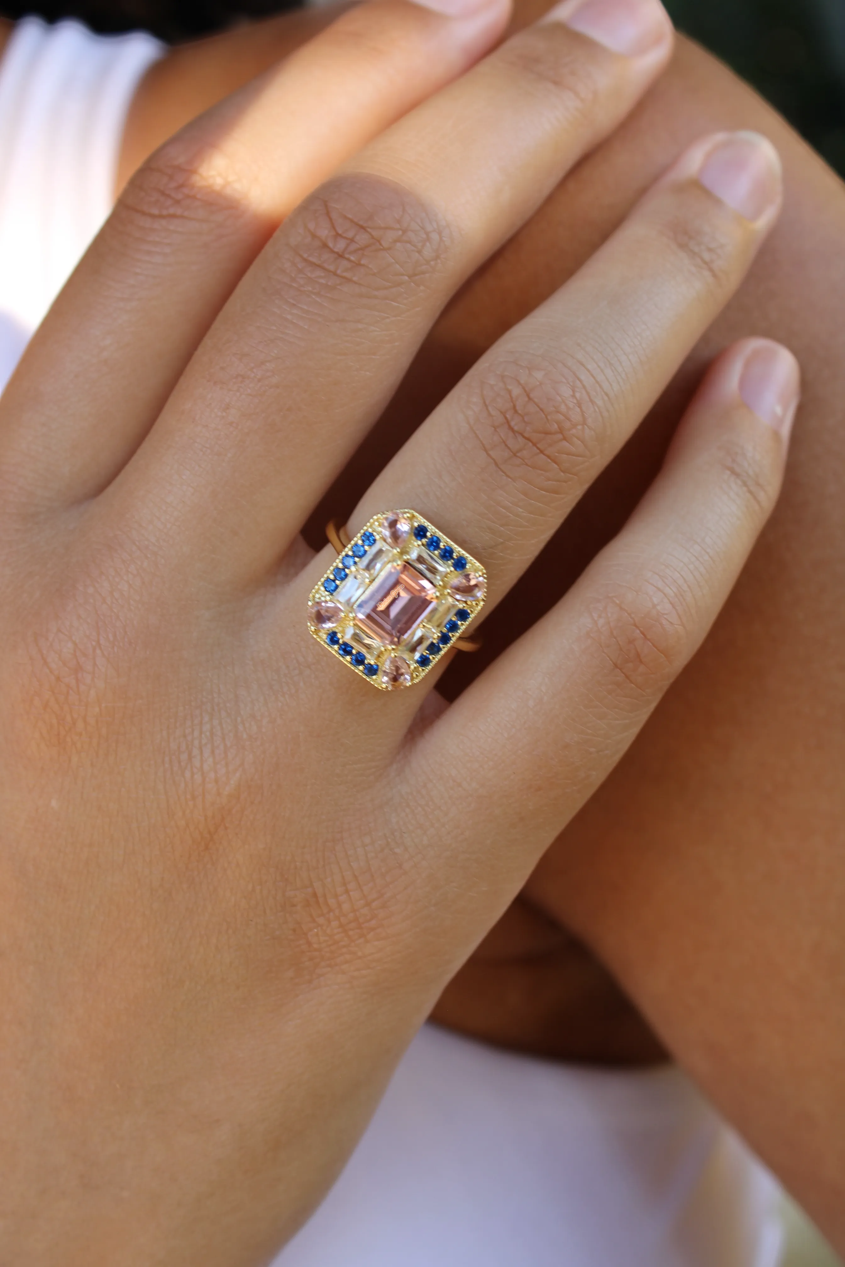Lab Sapphire Morganite Art Deco Cocktail Ring