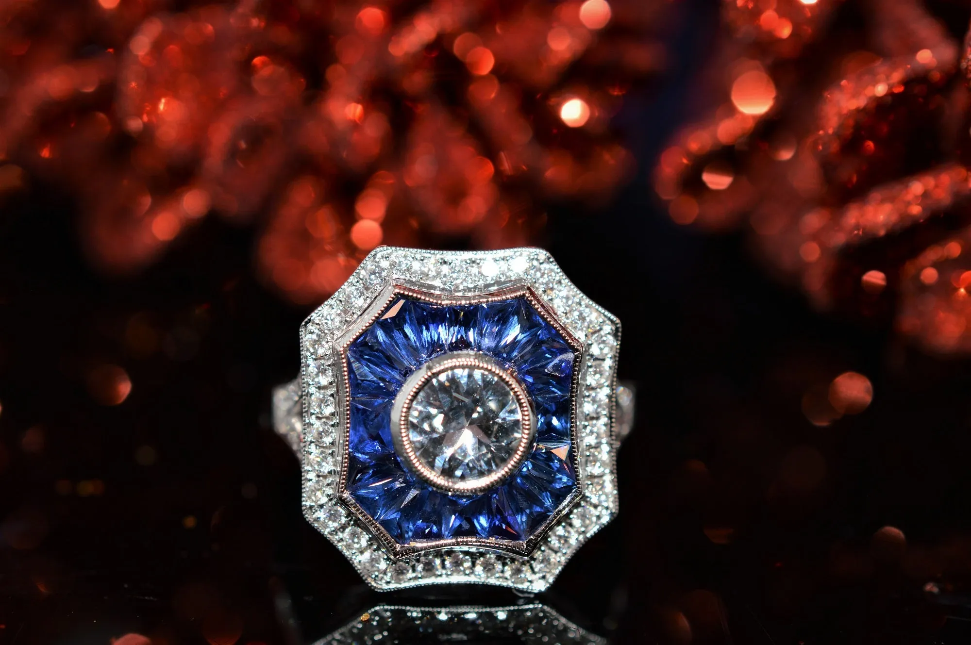 Ladies 18K White Gold Art Deco Diamond And Sapphire Ring