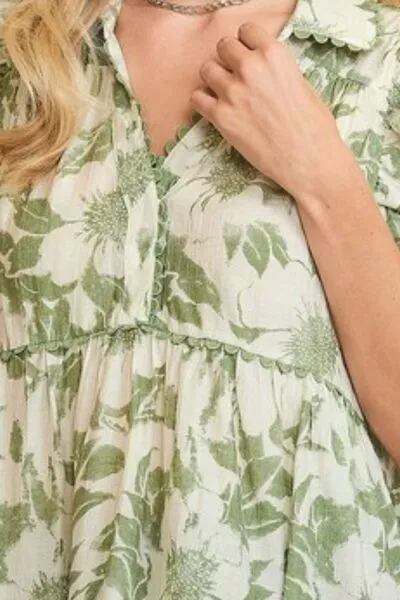 Light Green Botanical Print Babydoll Top