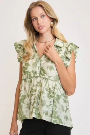 Light Green Botanical Print Babydoll Top