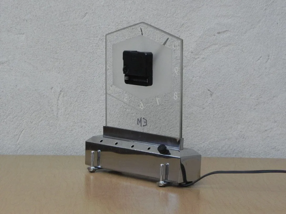 Light Up Glass and Chrome Deco Mantel Clock, New Movement