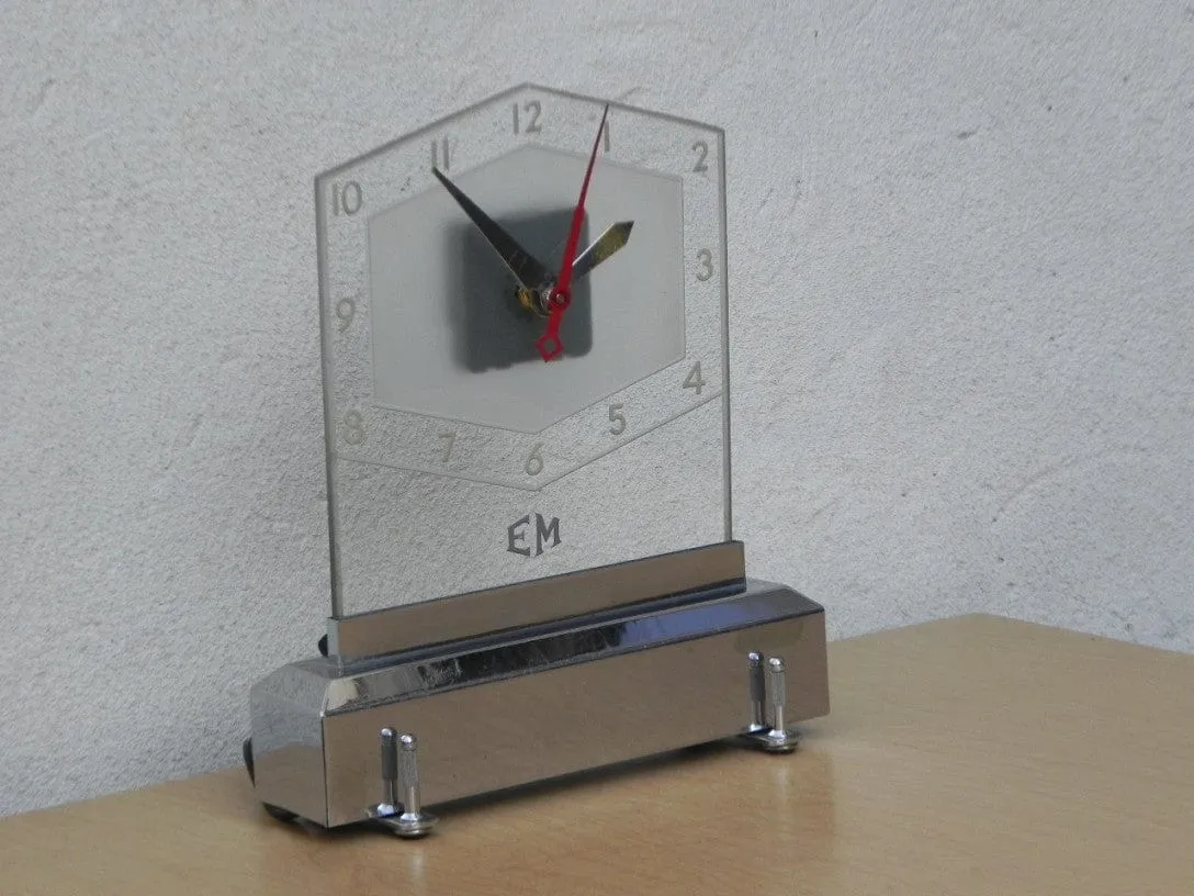 Light Up Glass and Chrome Deco Mantel Clock, New Movement