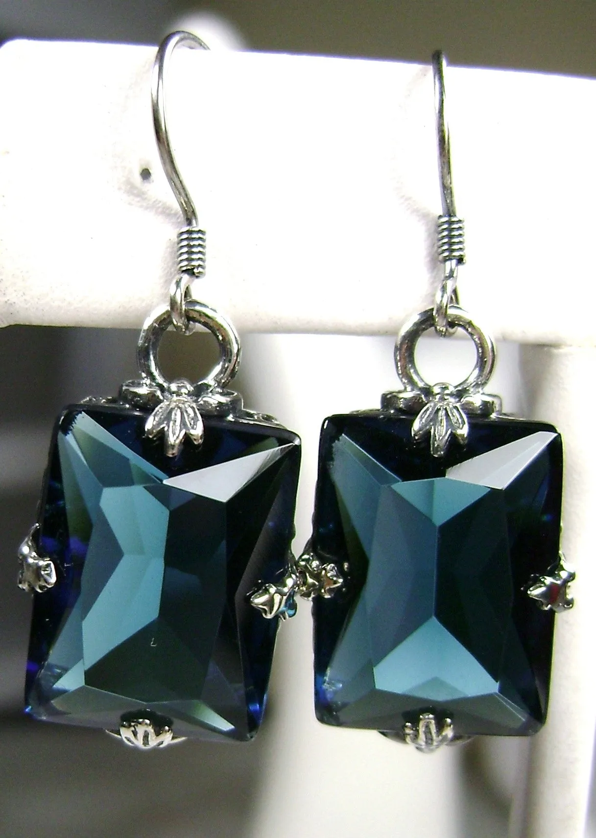 London Blue Topaz Earrings, GL Earrings, Art Deco Sterling Silver Filigree, Vintage Jewelry #E15.