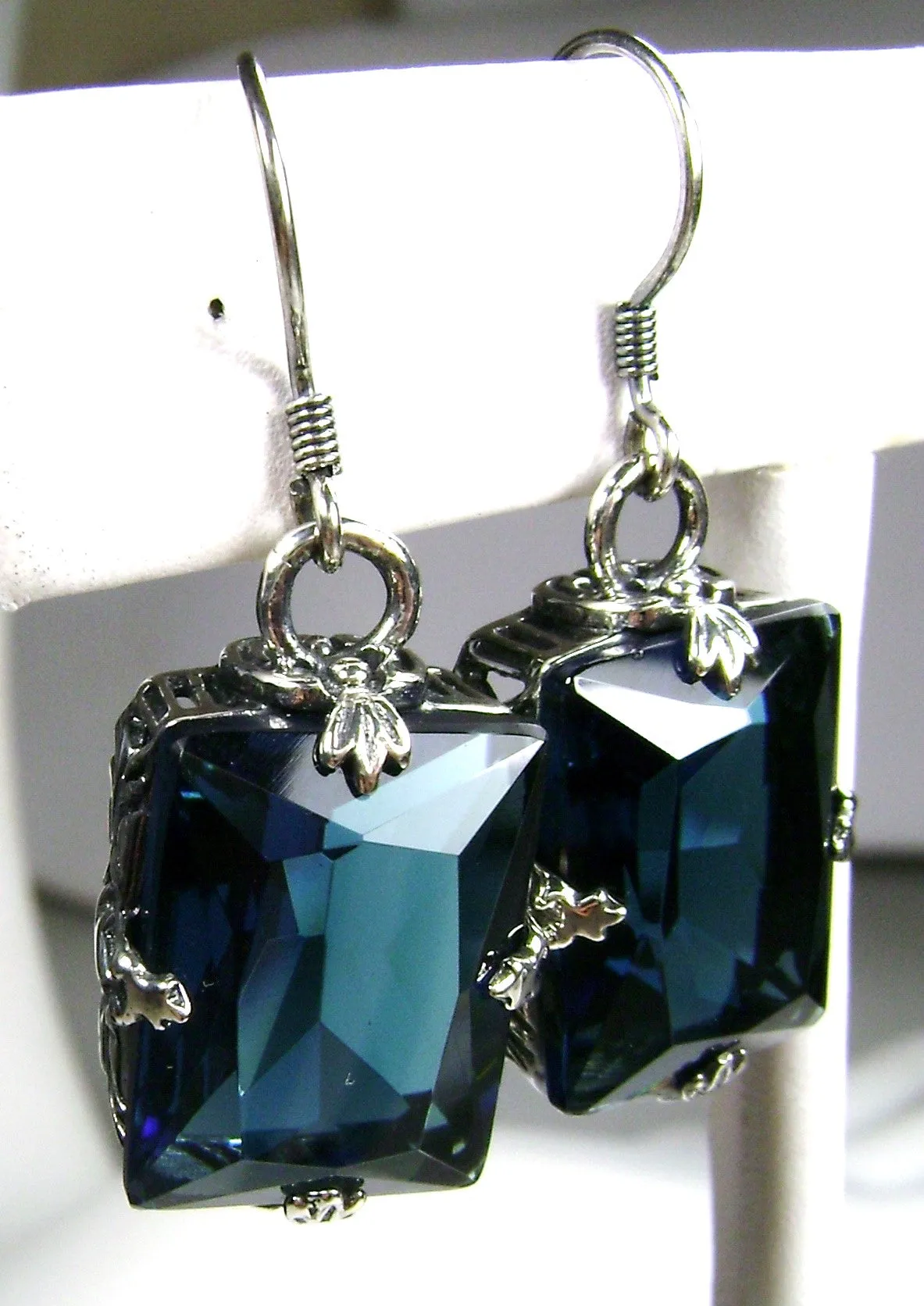 London Blue Topaz Earrings, GL Earrings, Art Deco Sterling Silver Filigree, Vintage Jewelry #E15.
