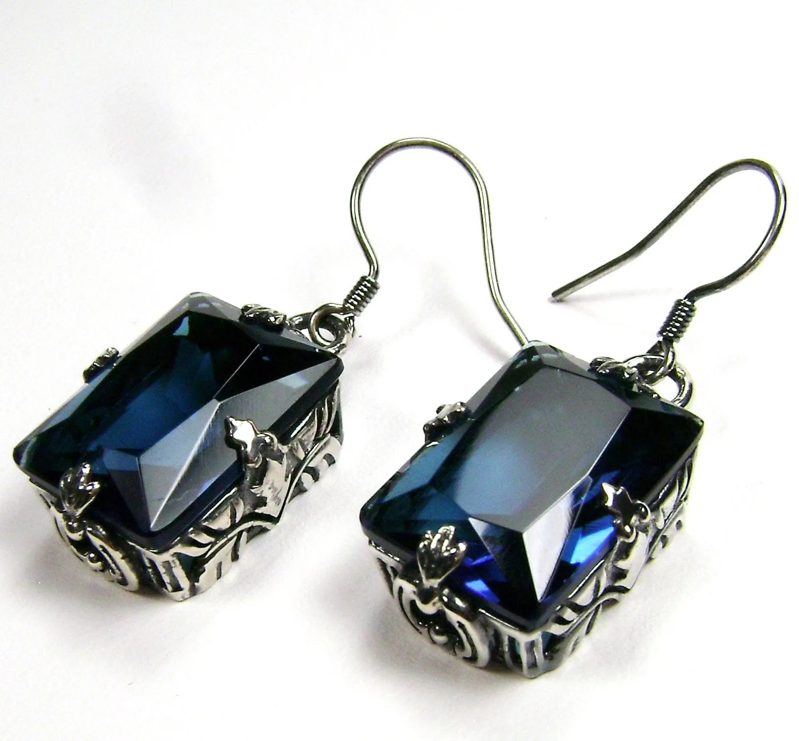 London Blue Topaz Earrings, GL Earrings, Art Deco Sterling Silver Filigree, Vintage Jewelry #E15.
