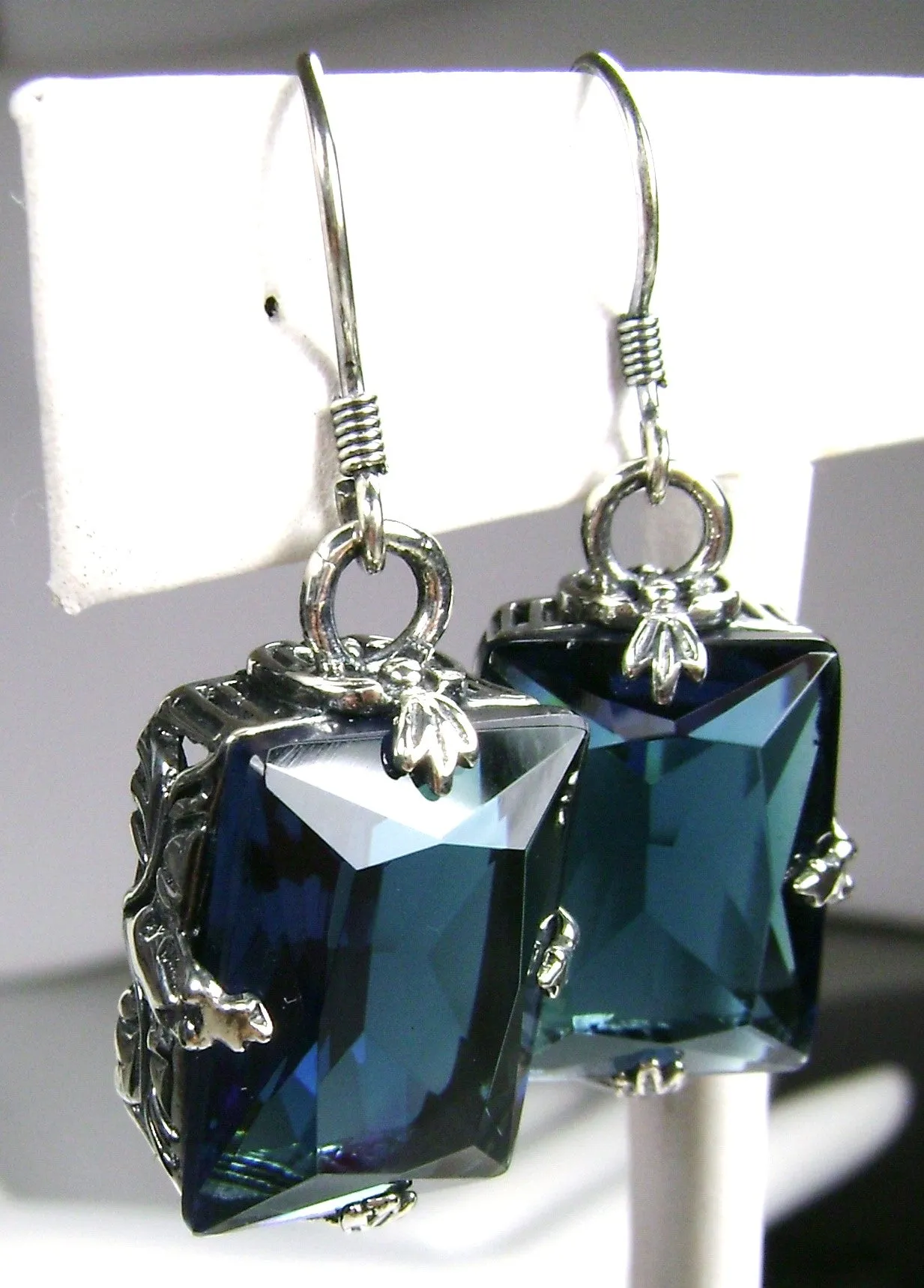 London Blue Topaz Earrings, GL Earrings, Art Deco Sterling Silver Filigree, Vintage Jewelry #E15.