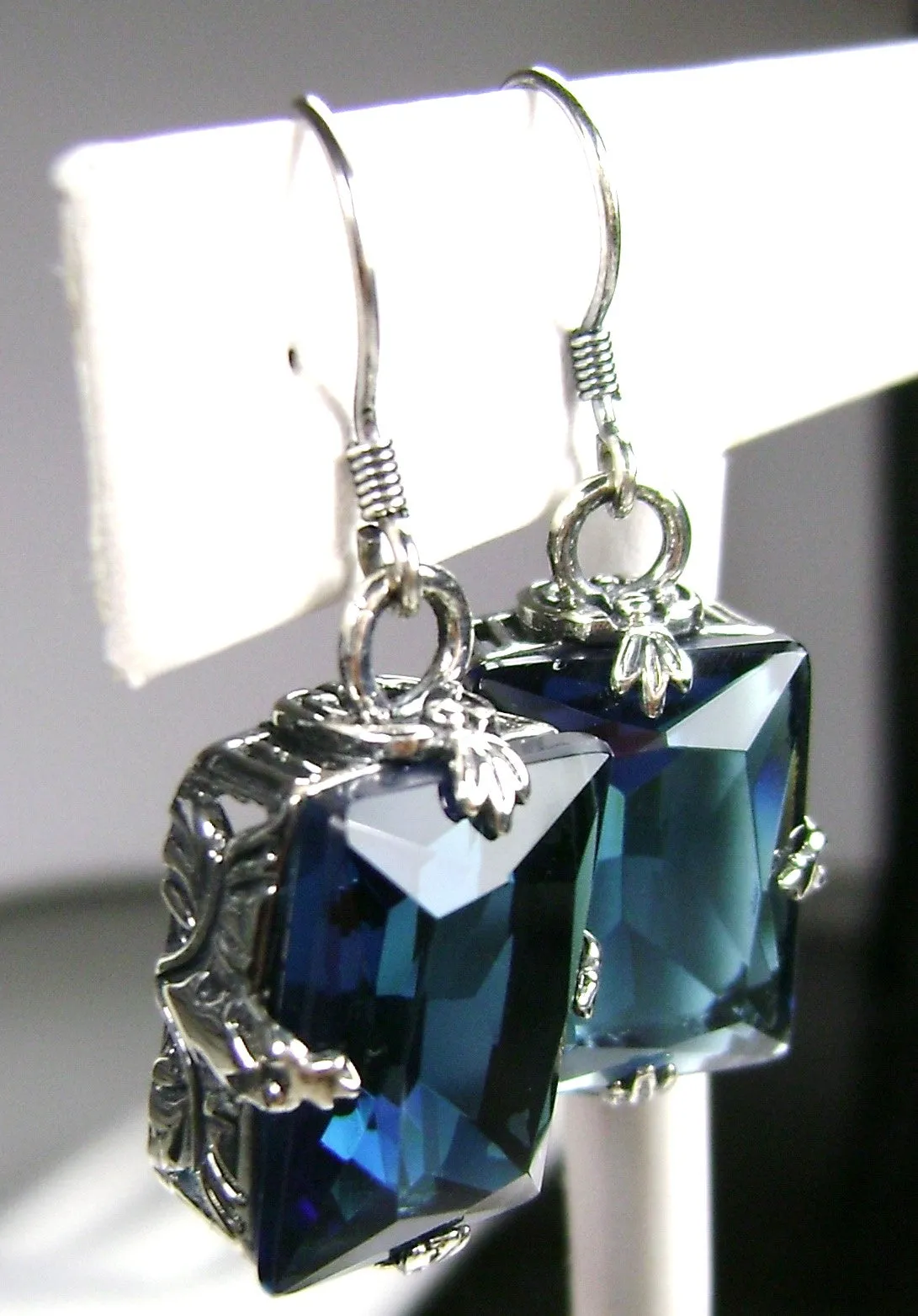 London Blue Topaz Earrings, GL Earrings, Art Deco Sterling Silver Filigree, Vintage Jewelry #E15.