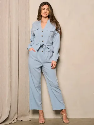 LONG SLEEVE BUTTON UP WIDE LEG JUMPSUIT