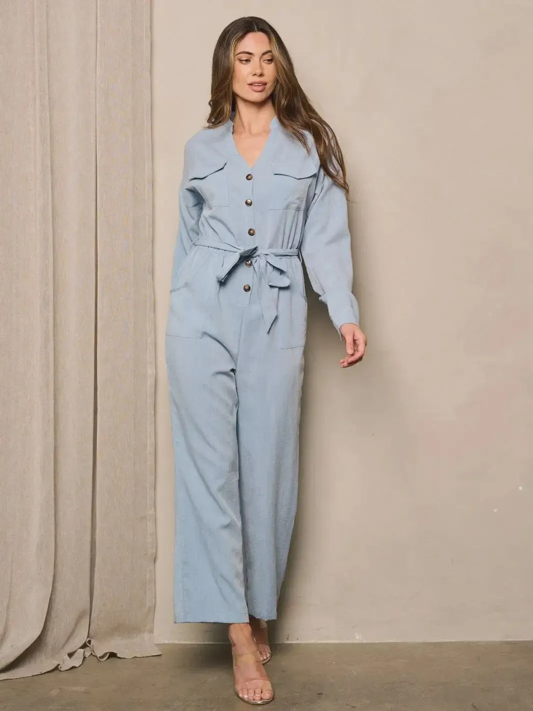 LONG SLEEVE BUTTON UP WIDE LEG JUMPSUIT