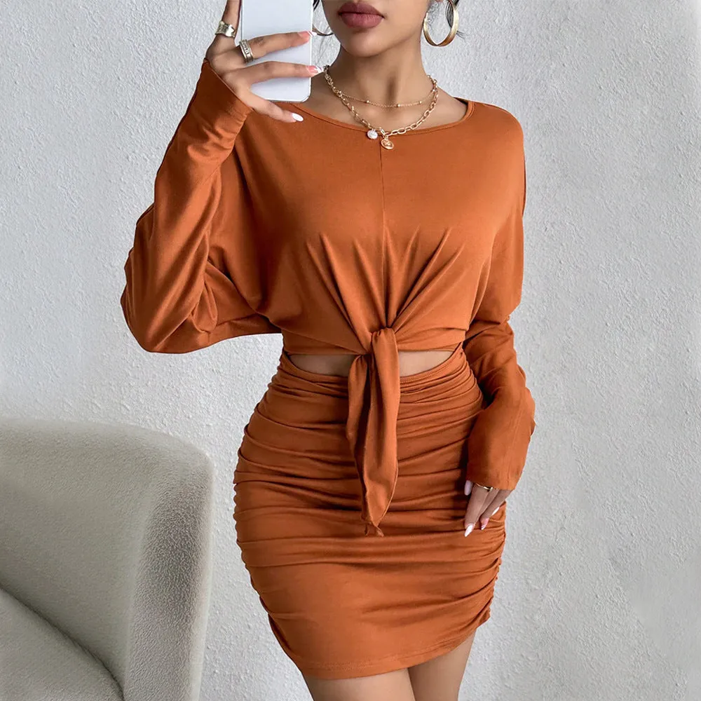 Long Sleeve Round Neck Hollow Out Sheath Dress