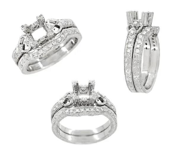 Loving Hearts 1/2 Carat Diamond Engraved Vintage Style Engagement Ring Setting in White Gold | 5.0mm Round or 4.5mm Square Princess Mounting