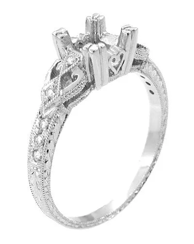 Loving Hearts 1/2 Carat Diamond Engraved Vintage Style Engagement Ring Setting in White Gold | 5.0mm Round or 4.5mm Square Princess Mounting