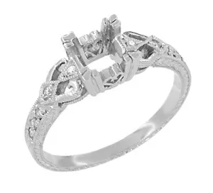Loving Hearts 1/2 Carat Diamond Engraved Vintage Style Engagement Ring Setting in White Gold | 5.0mm Round or 4.5mm Square Princess Mounting