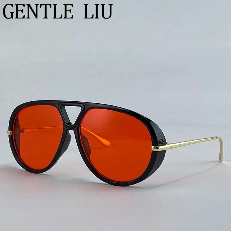 Luxury Punk Oval Sunglasses with Big Frame