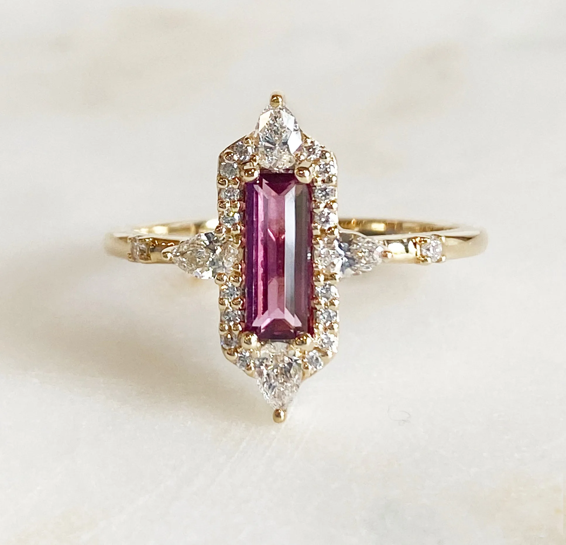 Maria Baguette Ring with Diamond Halo