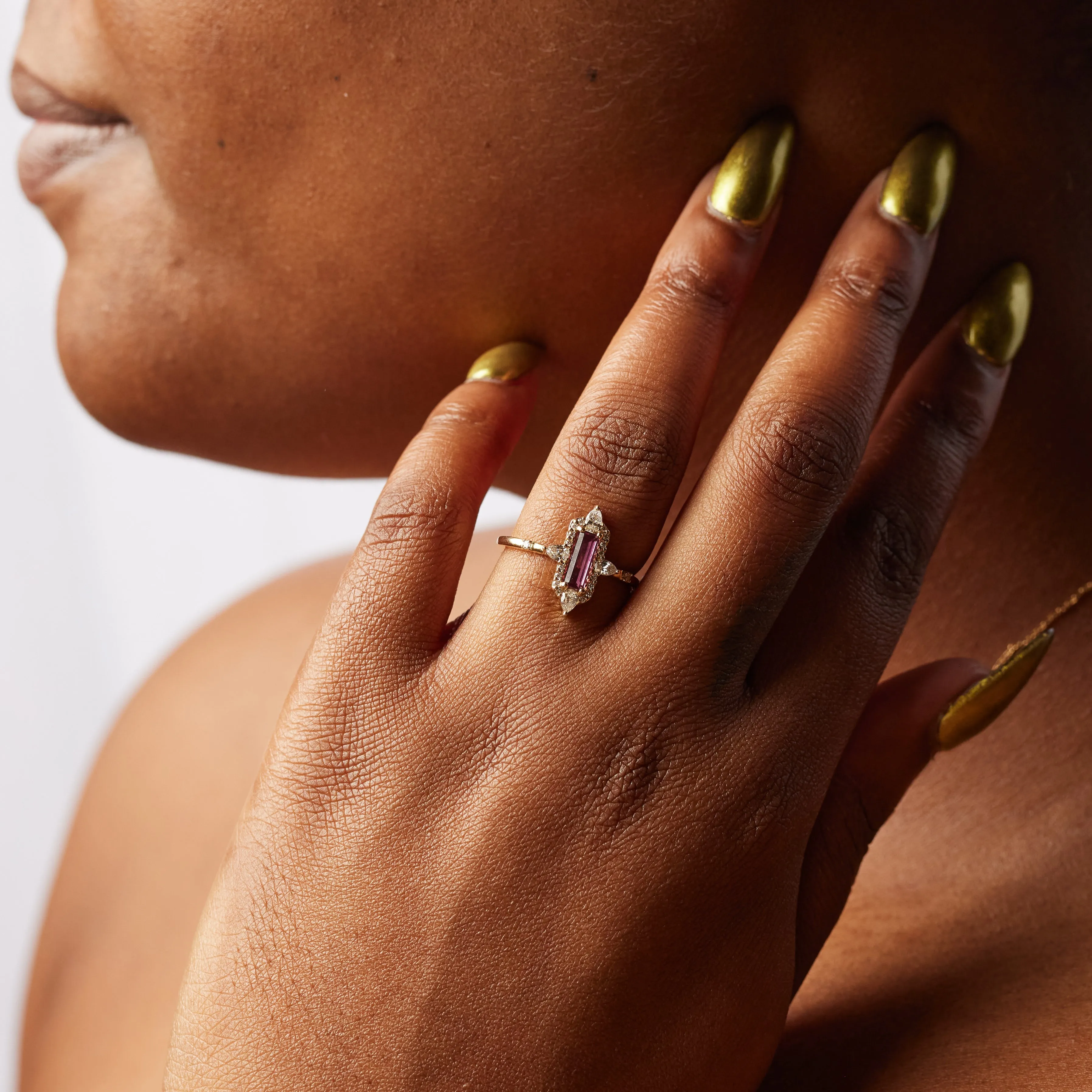 Maria Baguette Ring with Diamond Halo