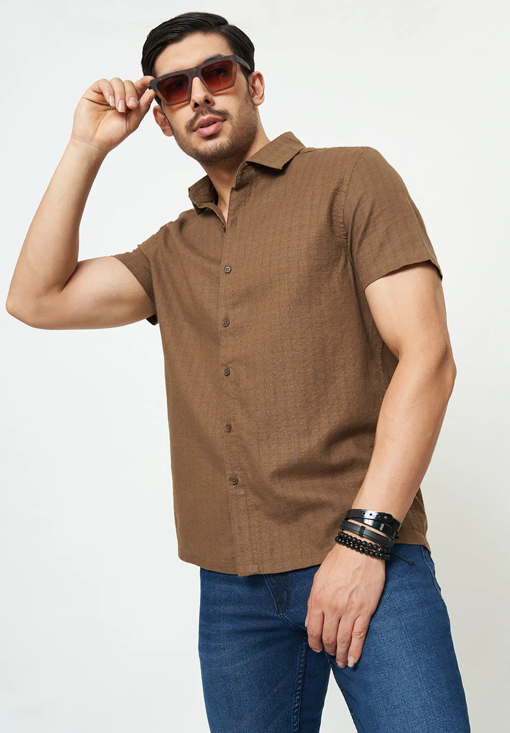 Men Brown Textured Casual Shirt