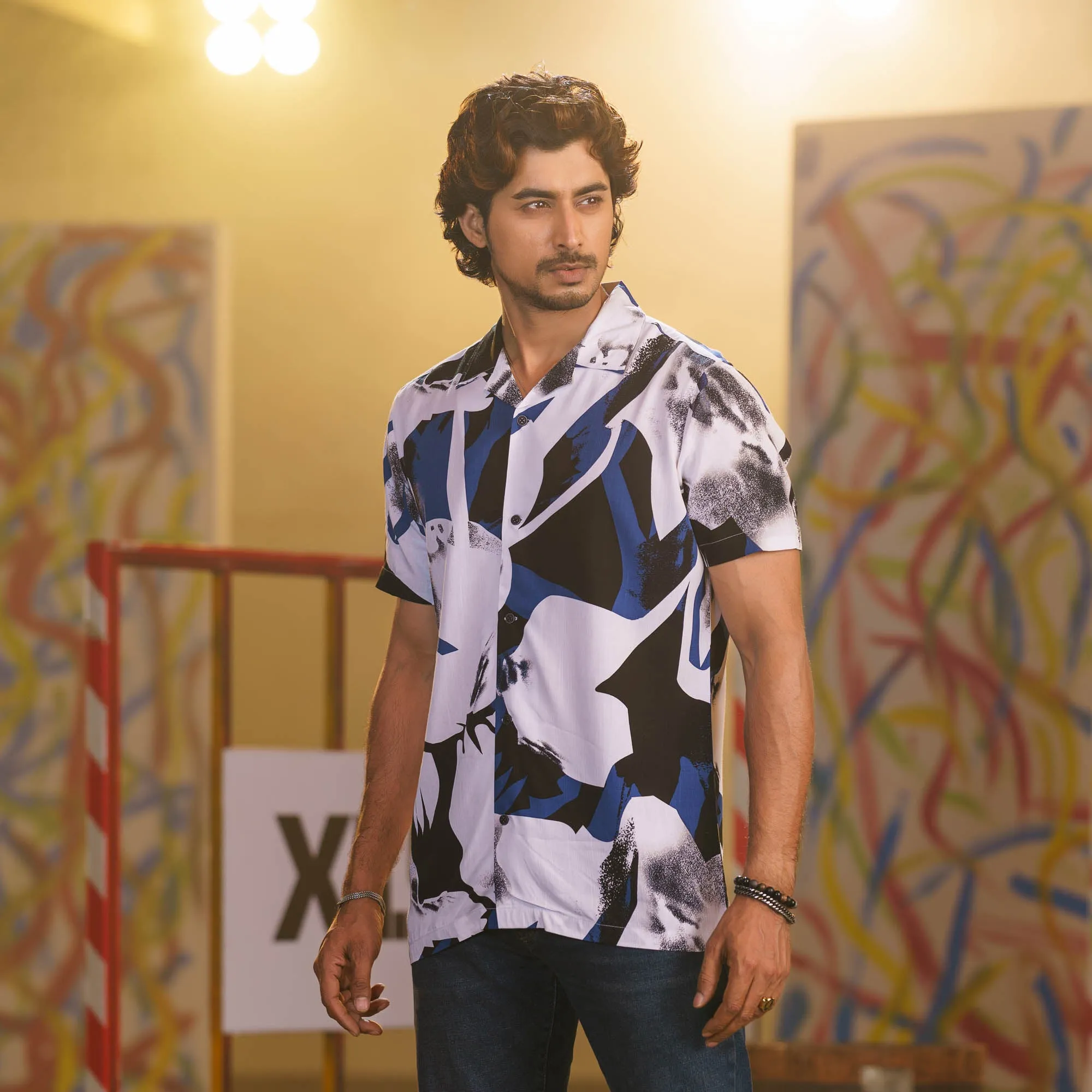 Mens Blue-Black Cuban Shirt