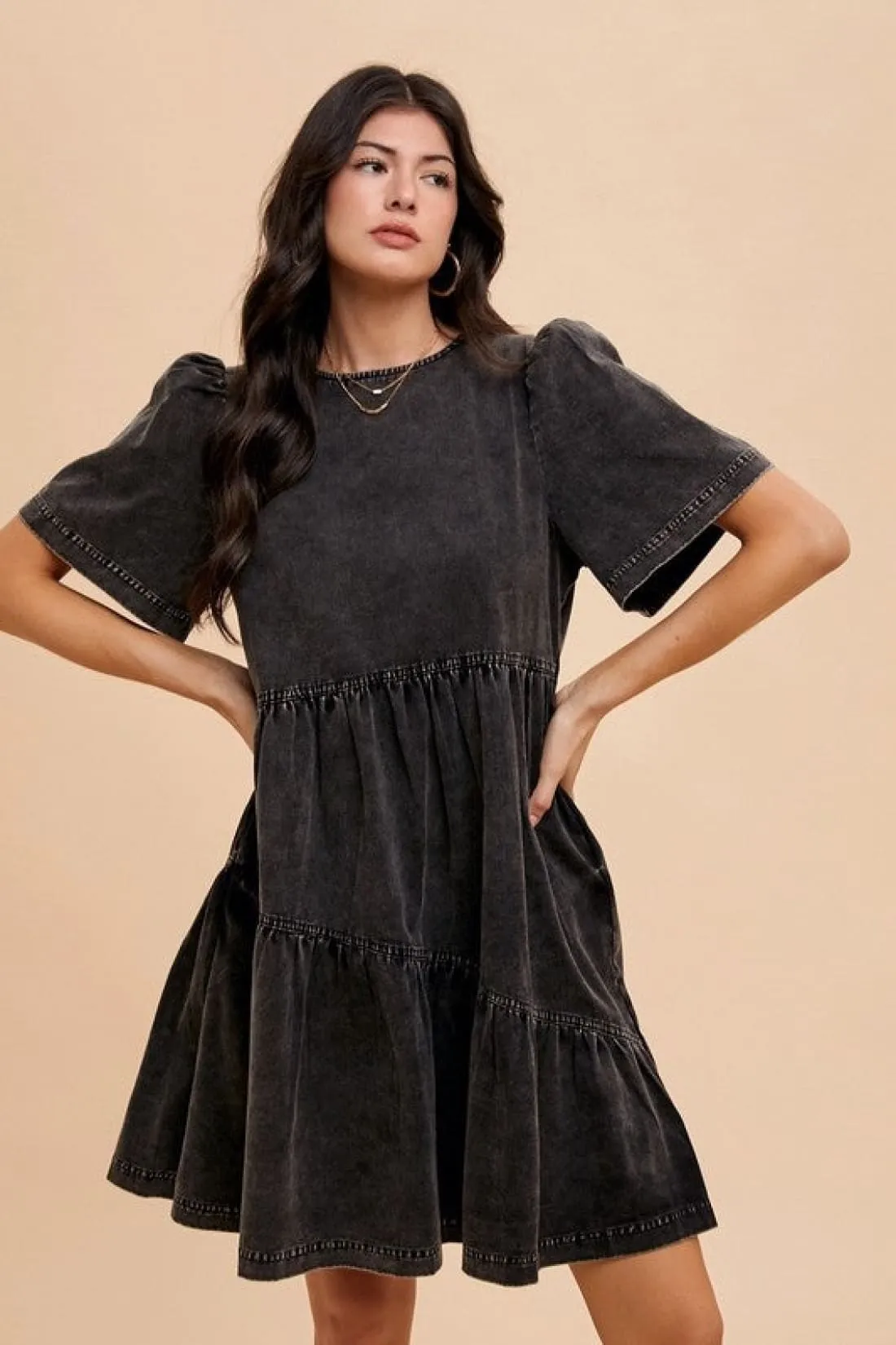 Mineral Washed Round Neck Short Sleeve Denim Dress in Black