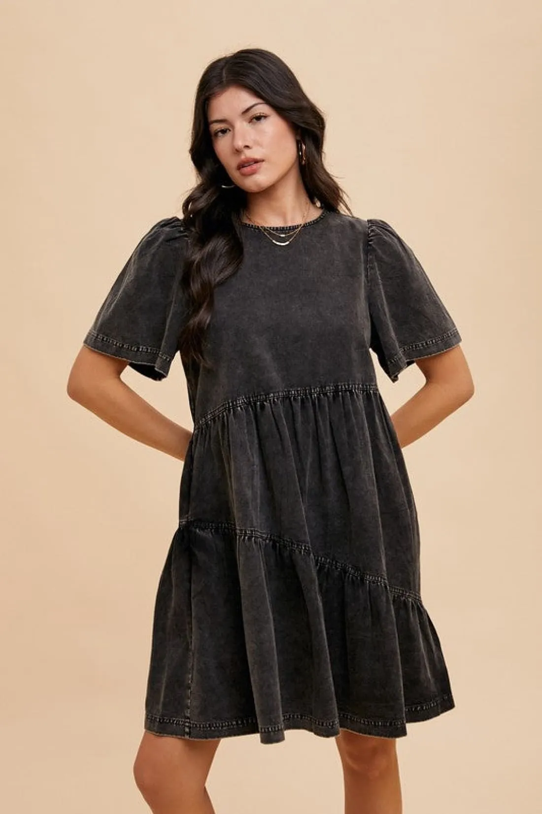 Mineral Washed Round Neck Short Sleeve Denim Dress in Black