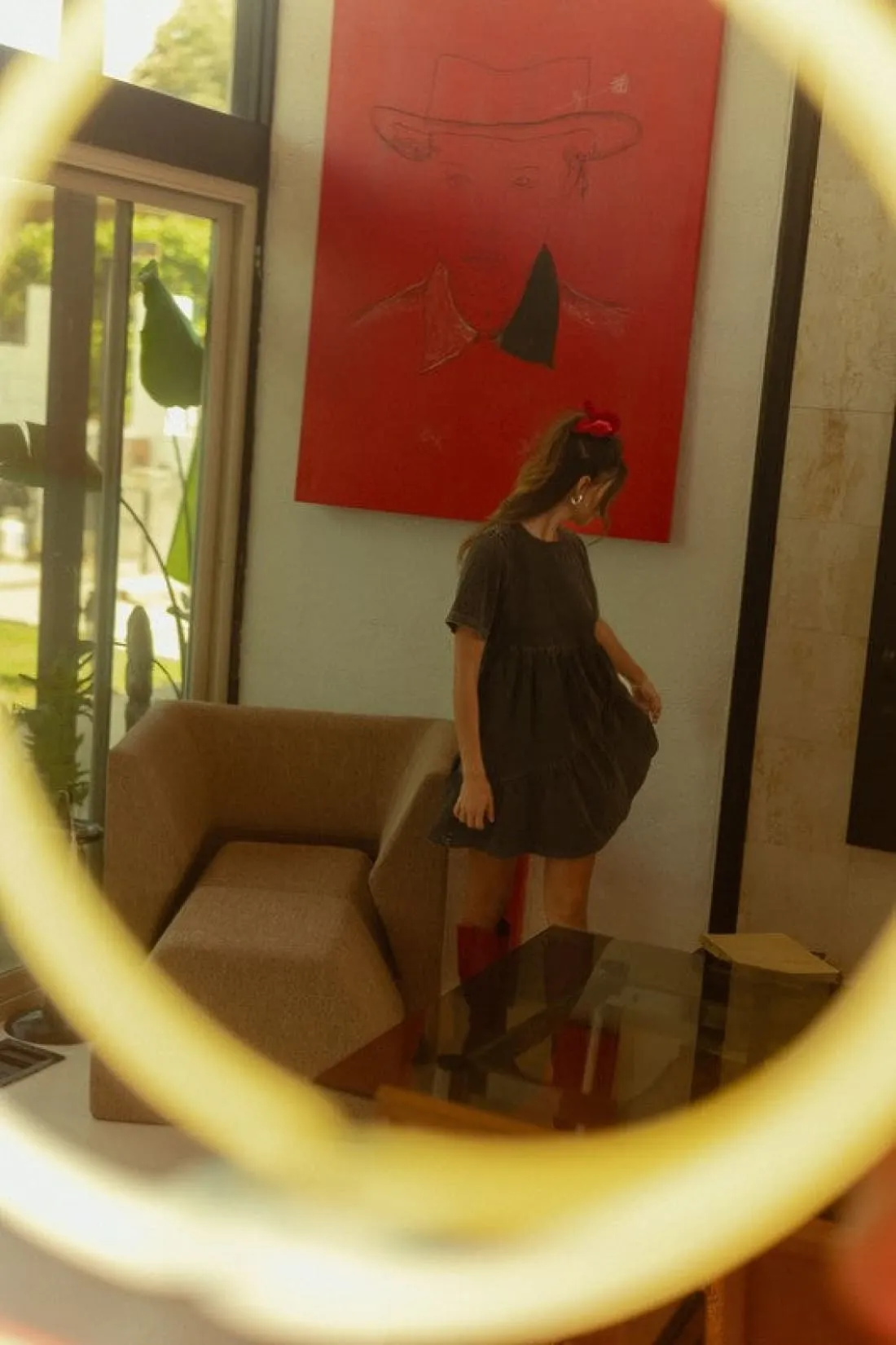 Mineral Washed Round Neck Short Sleeve Denim Dress in Black
