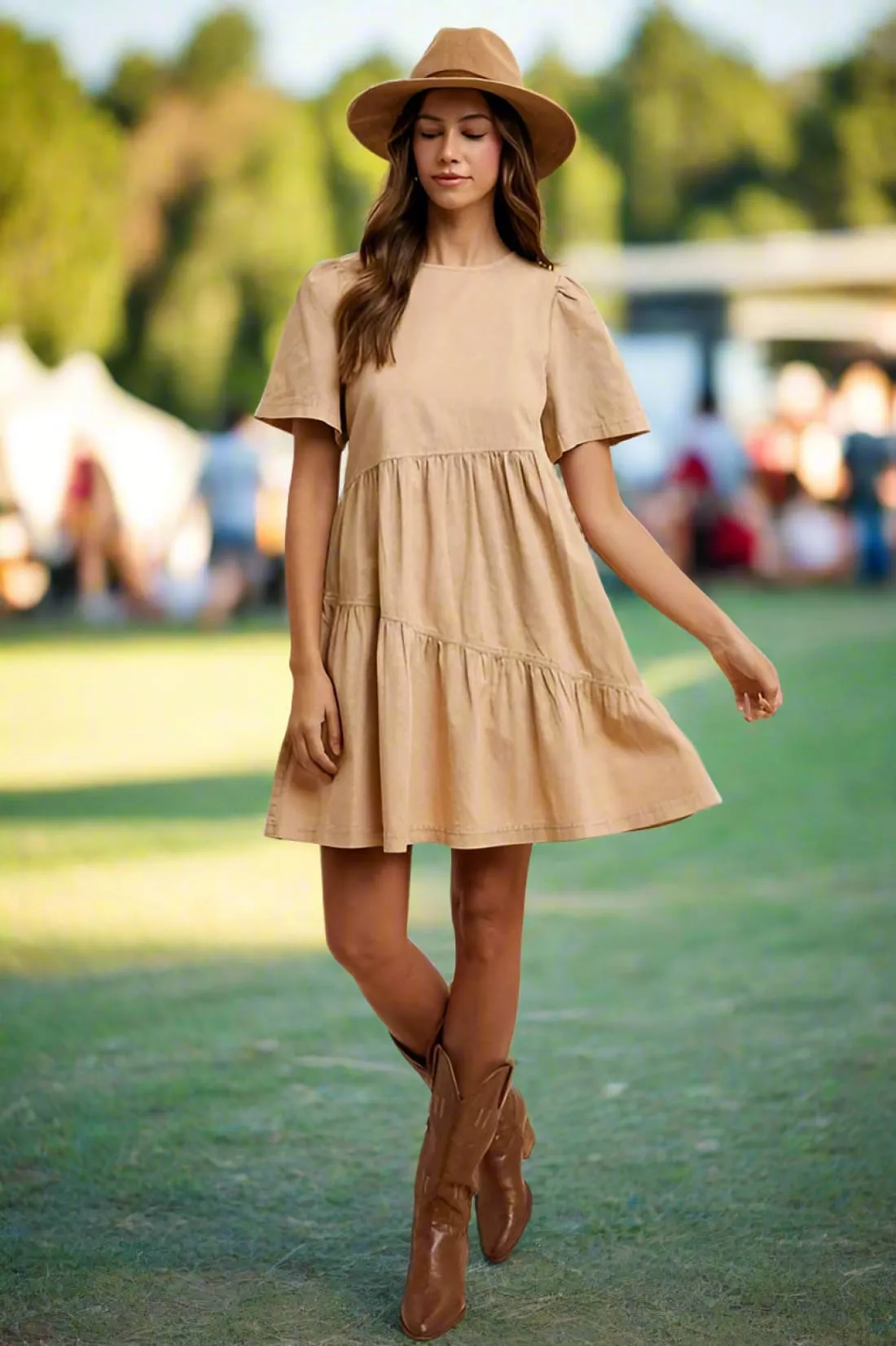 Mineral Washed Round Neck Short Sleeve Denim Dress in Tan