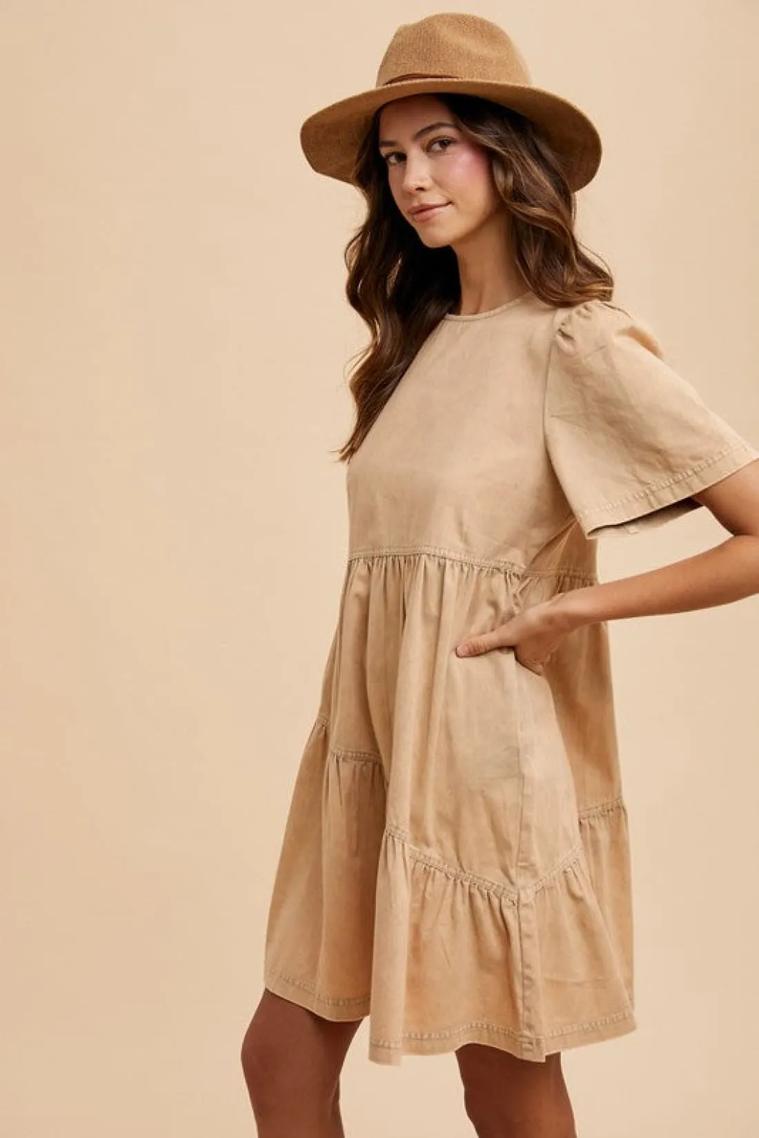 Mineral Washed Round Neck Short Sleeve Denim Dress in Tan