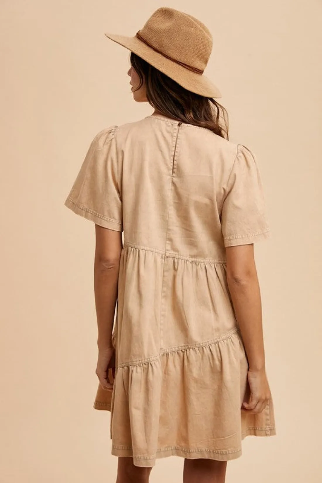 Mineral Washed Round Neck Short Sleeve Denim Dress in Tan