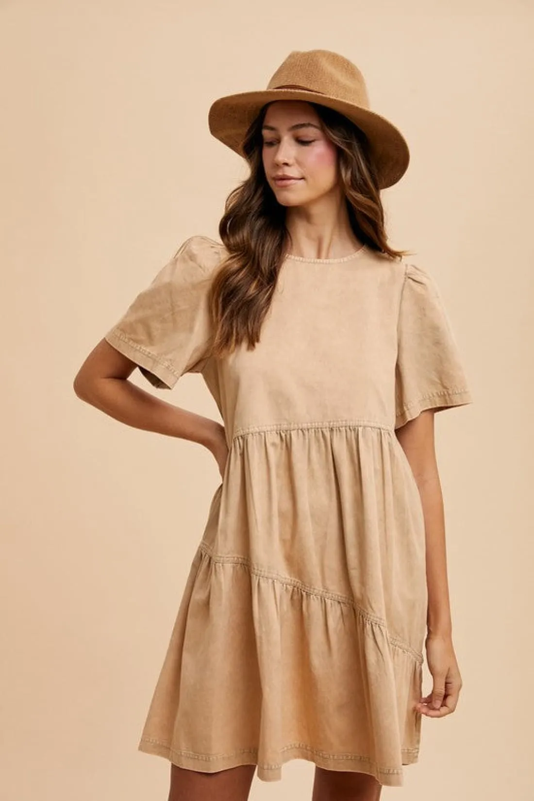 Mineral Washed Round Neck Short Sleeve Denim Dress in Tan