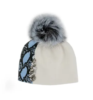 Mitchie's Matchings | Snake Print Knit Hat with Crystals and Fox Fur Pom