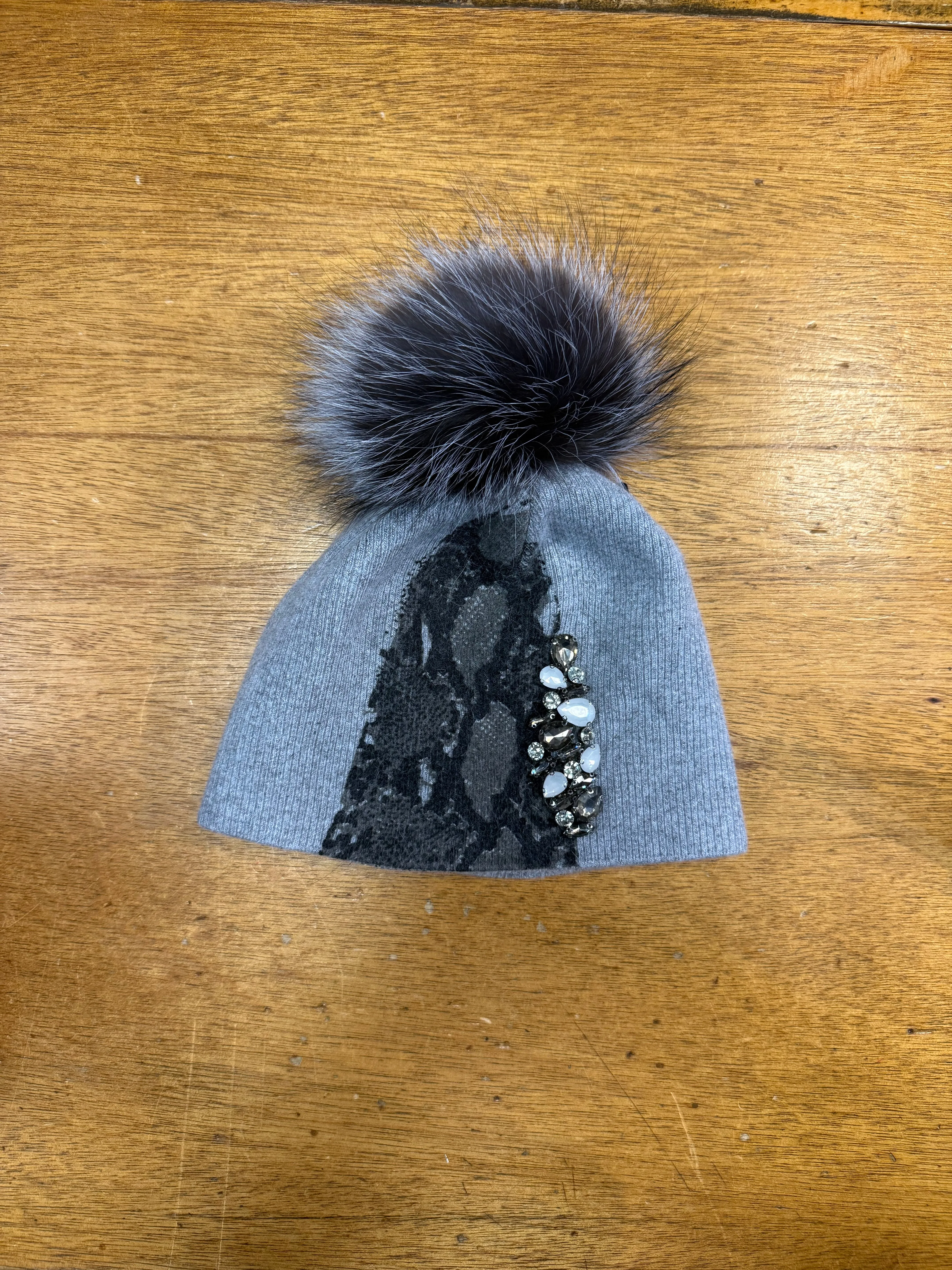 Mitchie's Matchings | Snake Print Knit Hat with Crystals and Fox Fur Pom