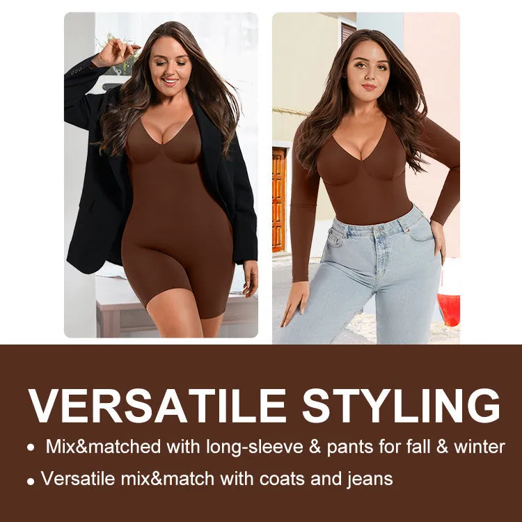 Mocha Deep V-Neck Shapewear With Slimming Compression and Mid Thigh Shorts