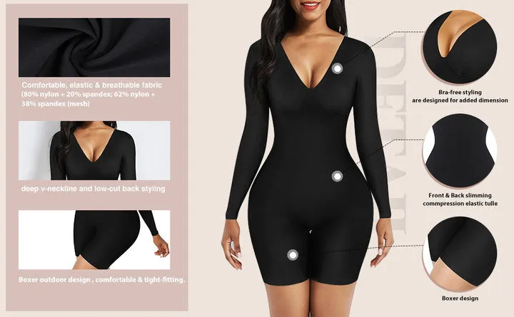 Mocha Deep V-Neck Shapewear With Slimming Compression and Mid Thigh Shorts