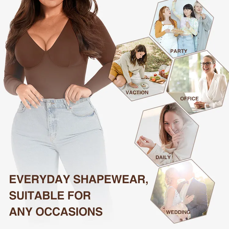 Mocha Deep V-Neck Shapewear With Slimming Compression and Mid Thigh Shorts