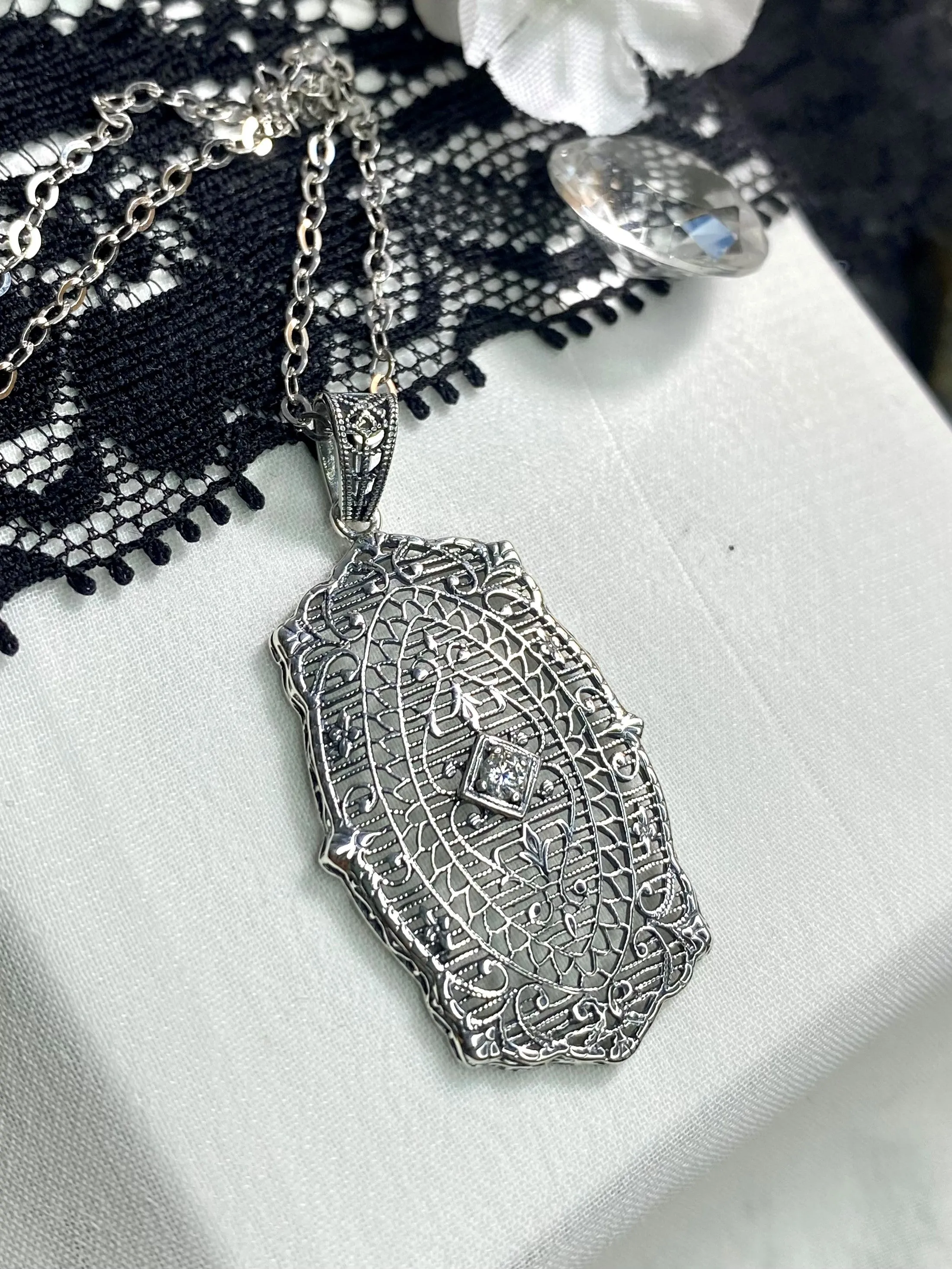 Moissanite Pendant with optional Earrings, Rococo Inspired Vintage Revival Jewelry #S358