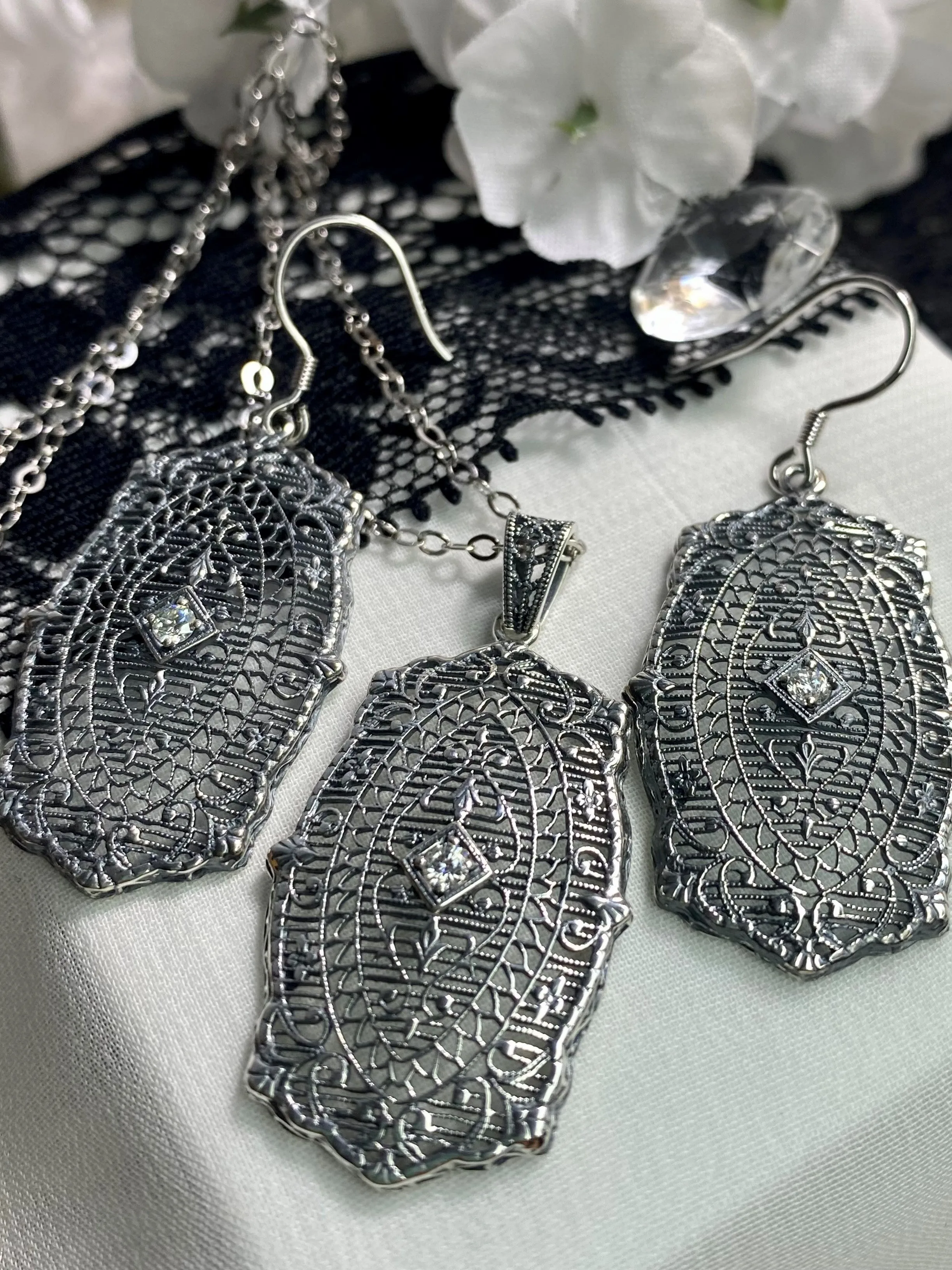 Moissanite Pendant with optional Earrings, Rococo Inspired Vintage Revival Jewelry #S358
