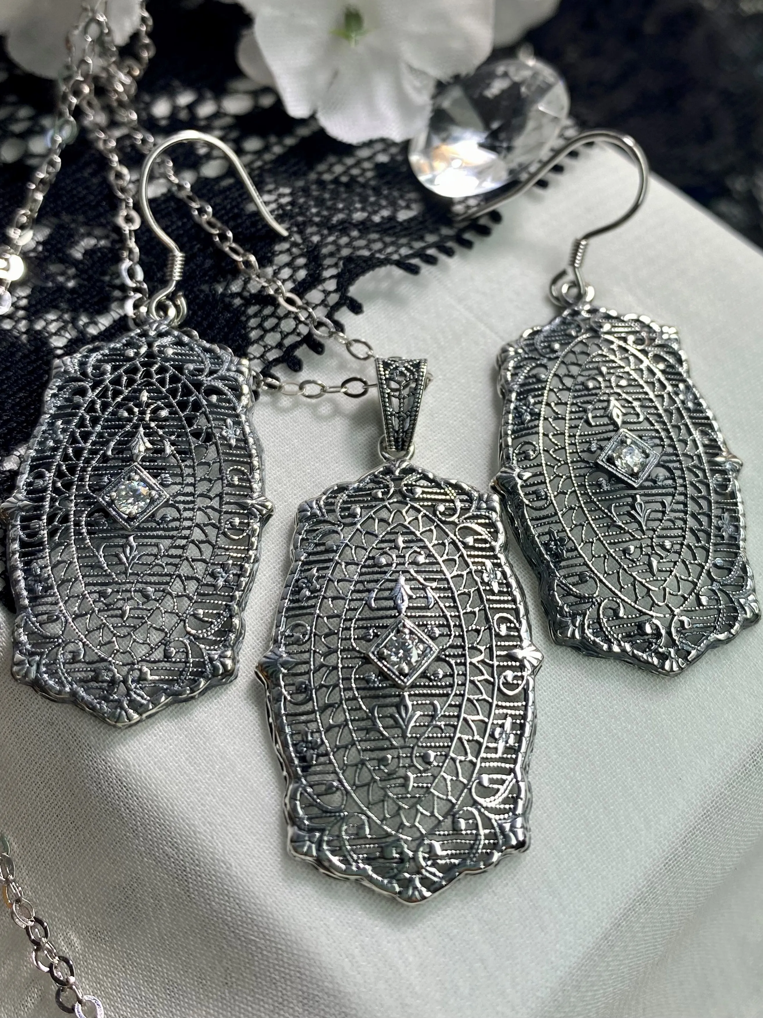 Moissanite Pendant with optional Earrings, Rococo Inspired Vintage Revival Jewelry #S358