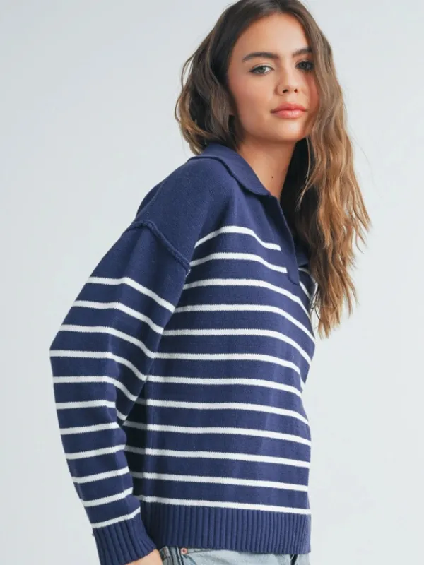 Navy & Ivory Stripe Collared Sweater